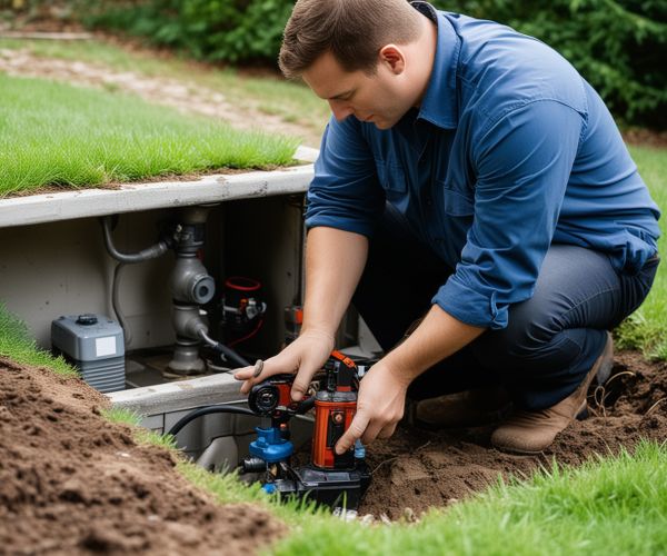 Professional plumber with tools and equipment in truck