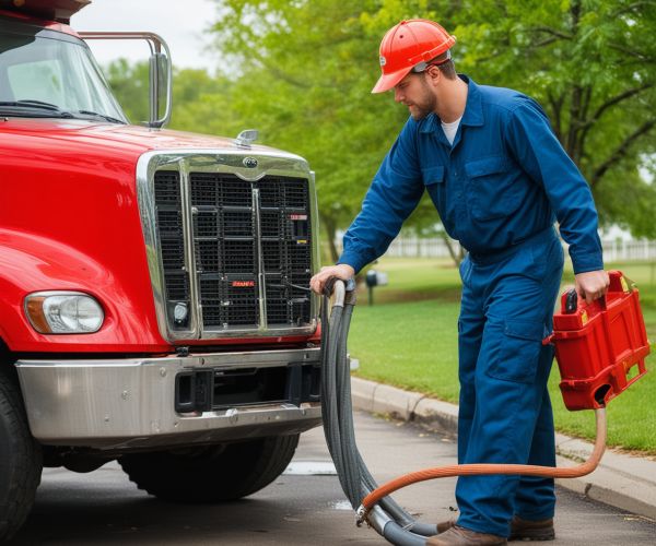 Professional septic tank pumping truck with technician
