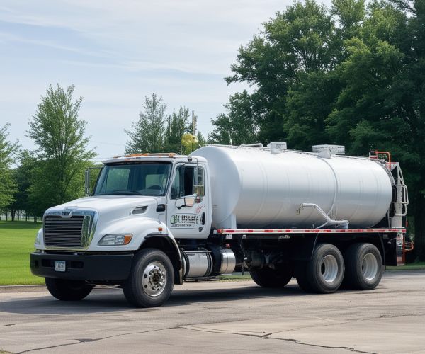 Commercial septic service truck at business facility