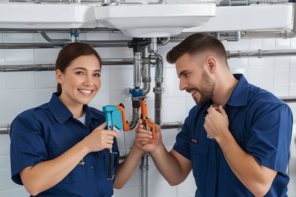 Professional plumbers working together in uniform with tools