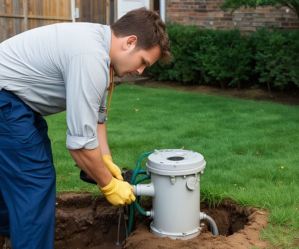 Professional technician performing septic tank pumping service