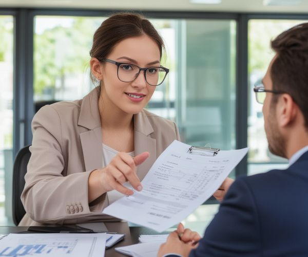 Professional presenting detailed written estimate to customer